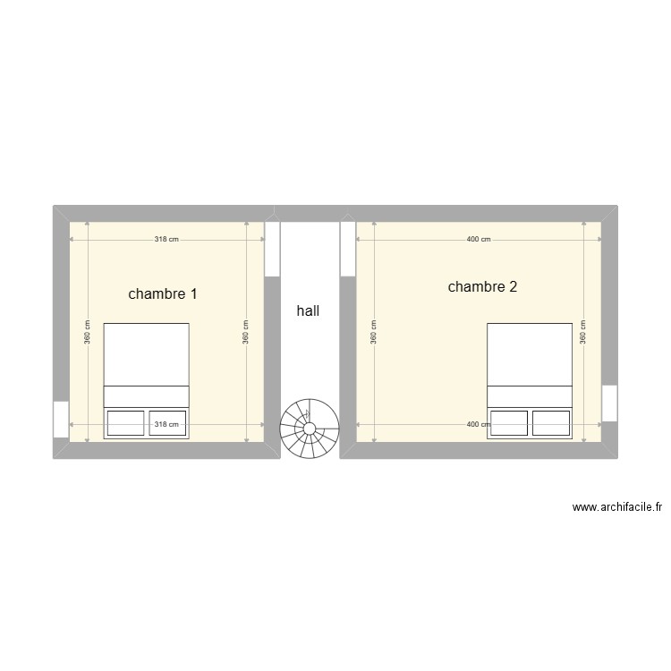 chambre étage. Plan de 2 pièces et 26 m2