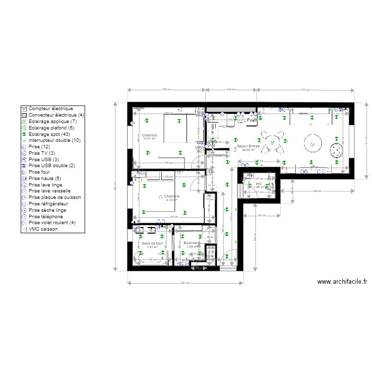 Plan électrique La parisienne . Plan de 8 pièces et 56 m2