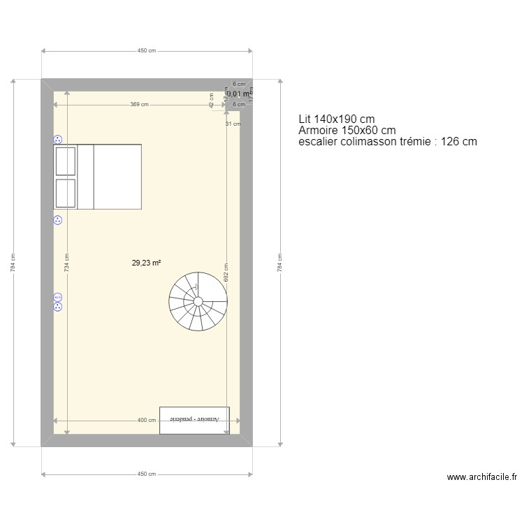 Plan combles appart 5 avec prises. Plan de 2 pièces et 29 m2