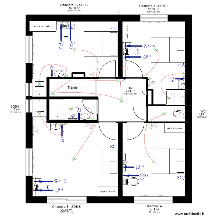 PALN LAMY RENOVATION V2 Electricien sans  meubles. Plan de 21 pièces et 155 m2