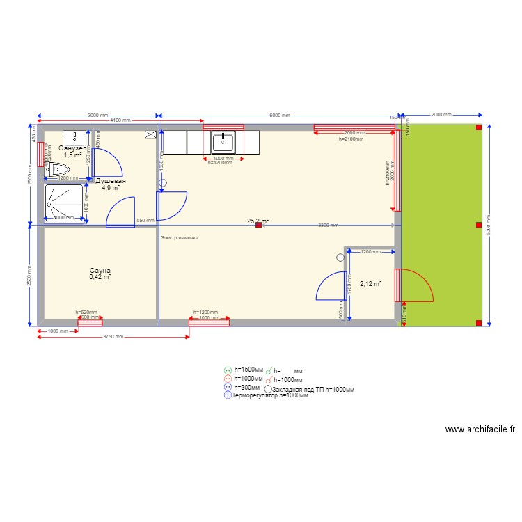 Nikolay Sauna. Plan de 6 pièces et 49 m2