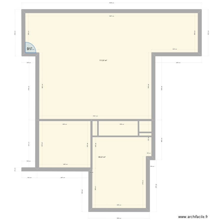 Prison rez. Plan de 2 pièces et 178 m2