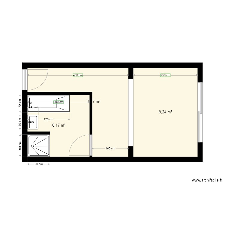 Plan projete cuisine SDB HITELET. Plan de 3 pièces et 23 m2