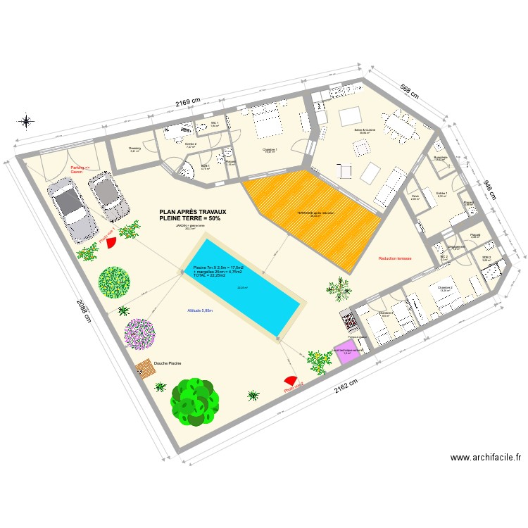 Bois plage travaux avec terrasse modifiée. Plan de 21 pièces et 402 m2