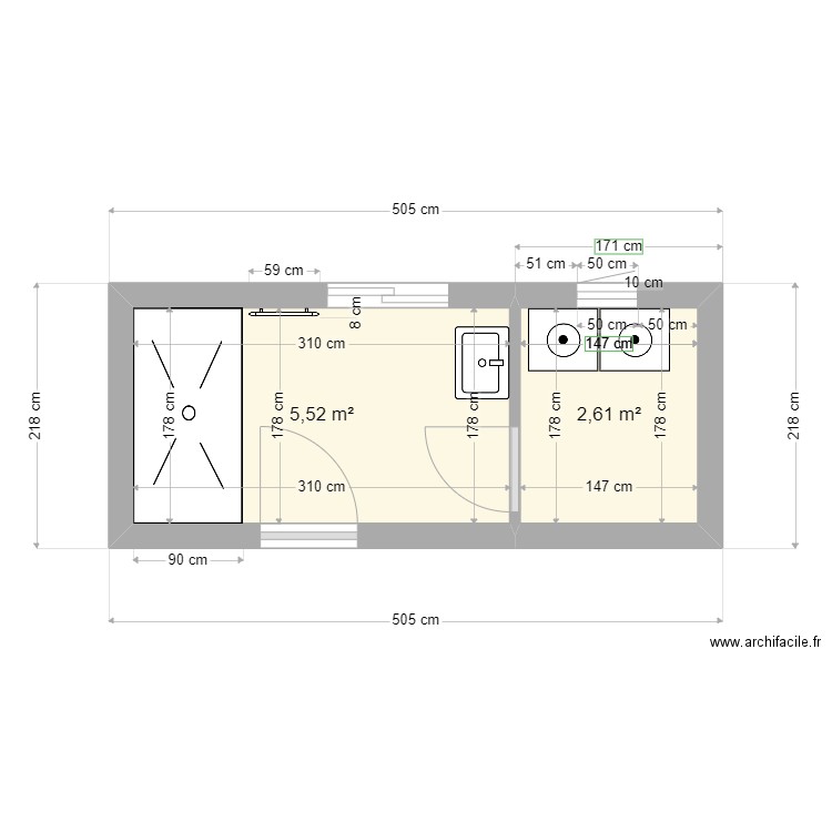 salle de bain 2. Plan de 2 pièces et 8 m2