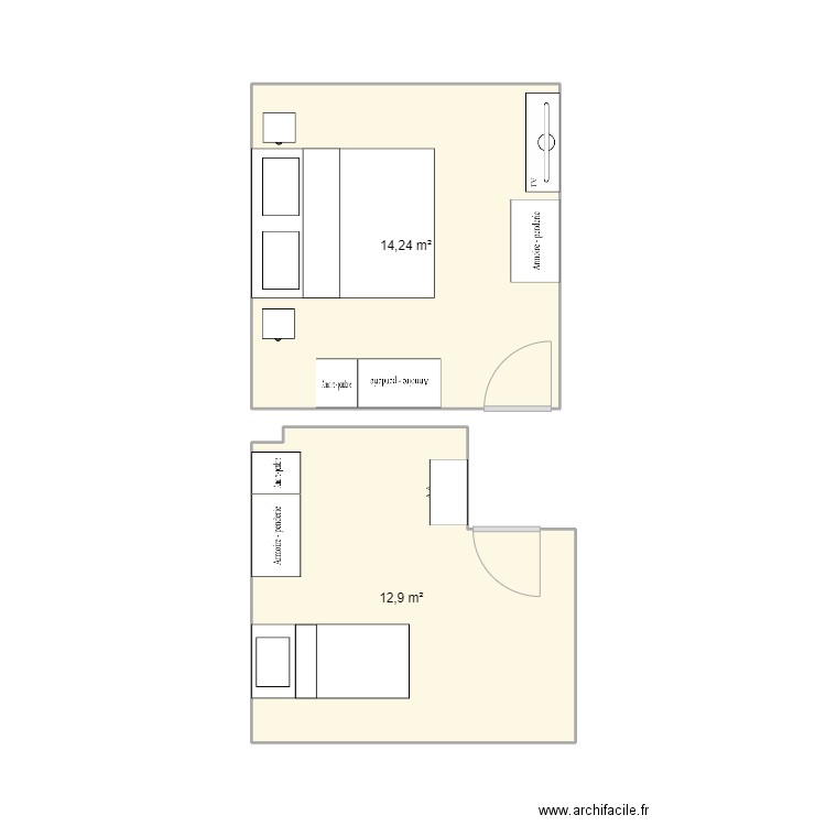 Chambres . Plan de 2 pièces et 27 m2