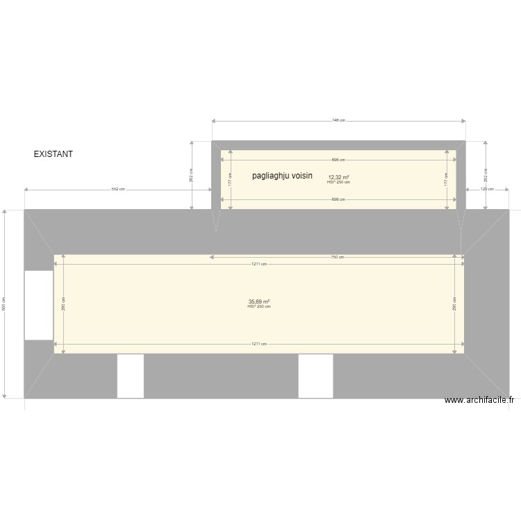 SOAVI pagliaghju existant. Plan de 2 pièces et 48 m2