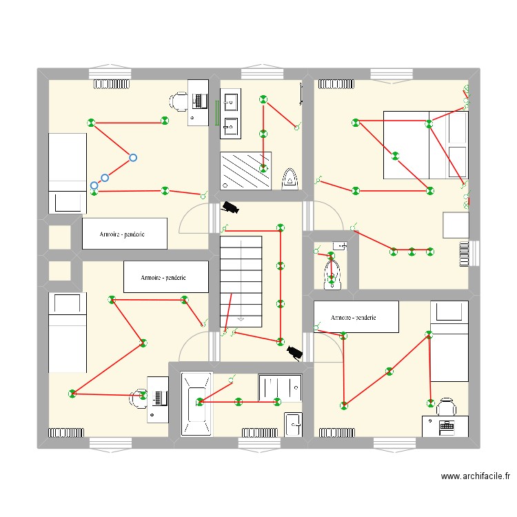 1er étage éclairage. Plan de 10 pièces et 74 m2