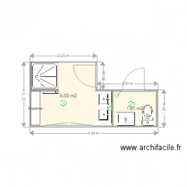 SdB Ch 1 RC. Plan de 2 pièces et 7 m2