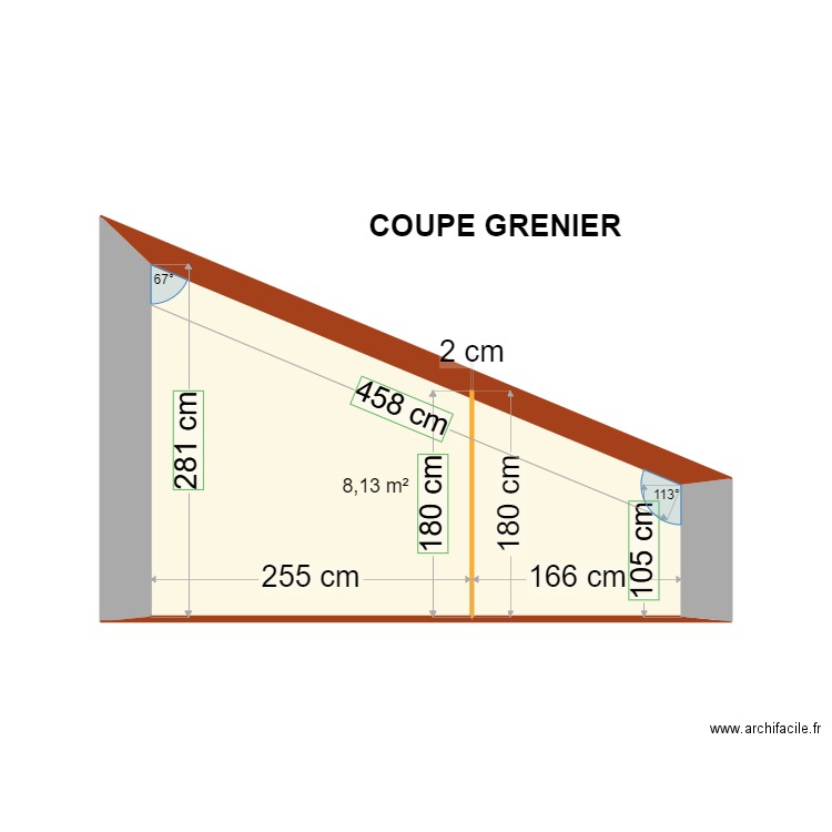 Coupe Grenier. Plan de 1 pièce et 8 m2