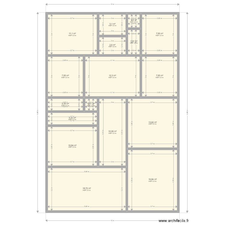 Maison RDC. Plan de 17 pièces et 132 m2