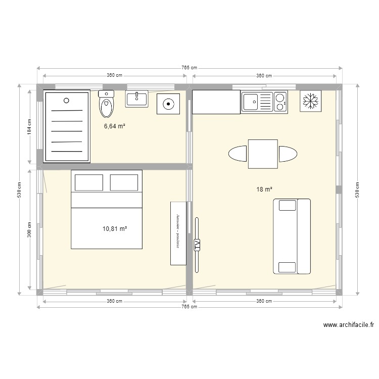 Bungalow 40 m2 Haumi v2. Plan de 3 pièces et 35 m2