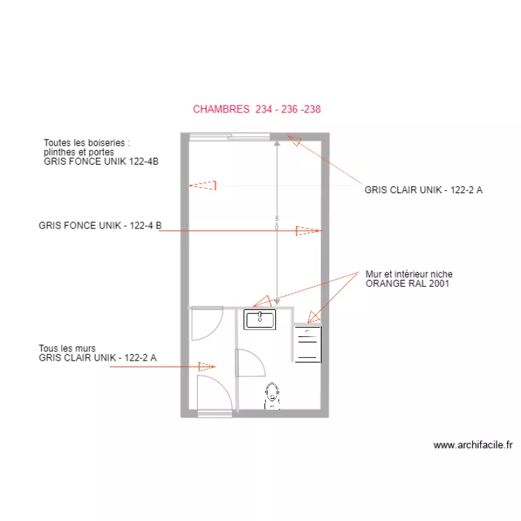 CHAMBRES  GRIS FONCE GRIS CLAIR ET ORANGE. Plan de 