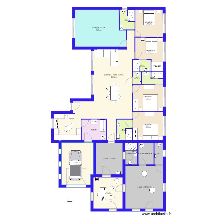 docteur. Plan de 19 pièces et 238 m2