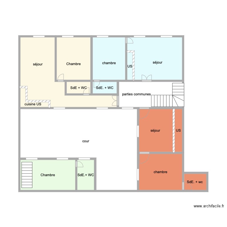 plan 1er. Plan de 16 pièces et 62 m2