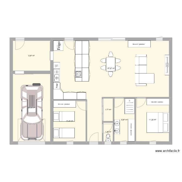 Plan 2 chambres + garage. Plan de 8 pièces et 118 m2