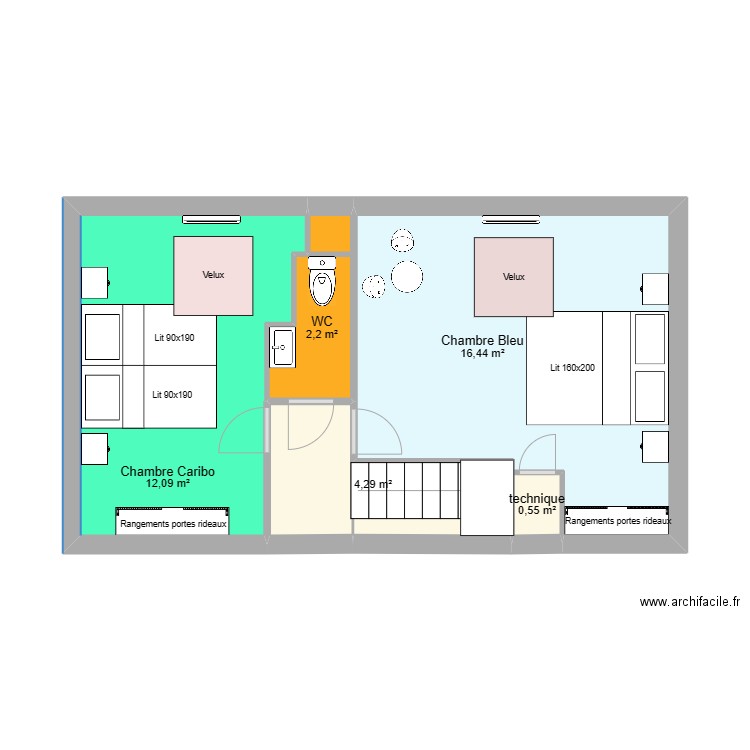 Etage Glycine avec meubles et lits rapprochés avec toilette 03 03 2023. Plan de 0 pièce et 0 m2