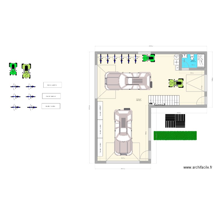 Garage en L 40 x 40. Plan de 2 pièces et 98 m2