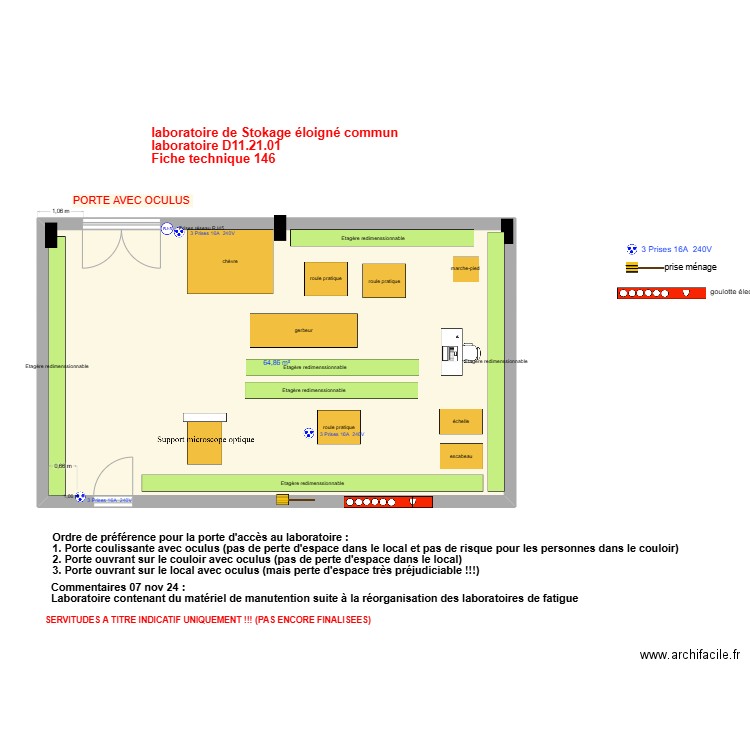 Fiche 146_laboratoire stockage éloigné v6 version avec matériel manutention 6 fevrier 2025. Plan de 1 pièce et 65 m2