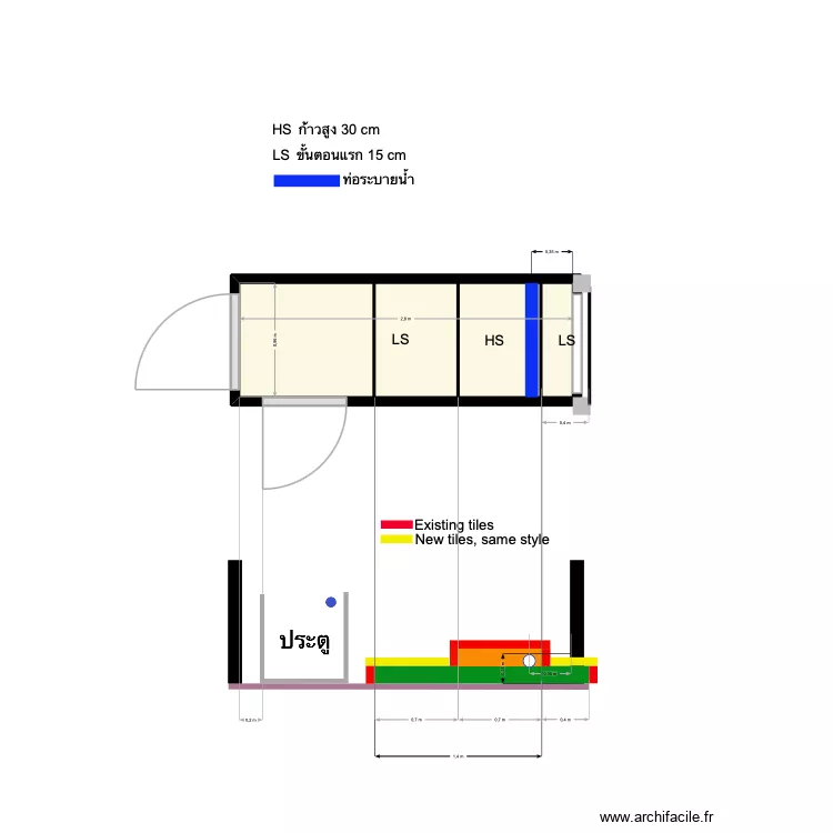 Corridor. Plan de 1  et 3 m²