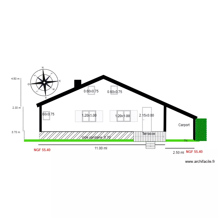 chalet 63 Facade sud. Plan de 