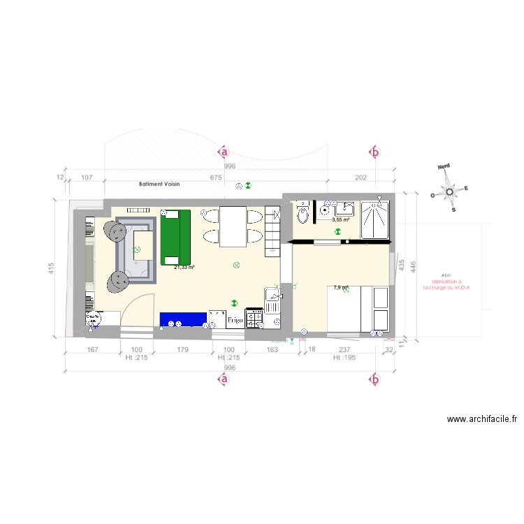 202311-maison. Plan de 3 pièces et 33 m2