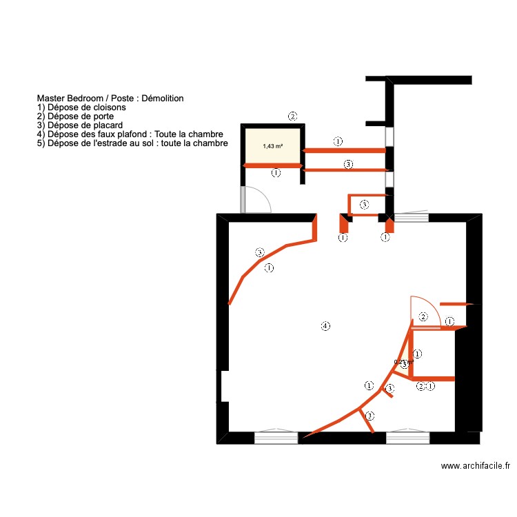 Master BedRoom (Poste : démolition). Plan de 2 pièces et 2 m2