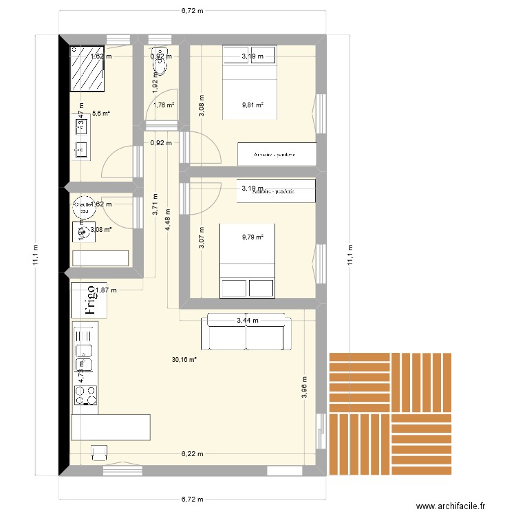 2 ch. Plan de 6 pièces et 60 m2