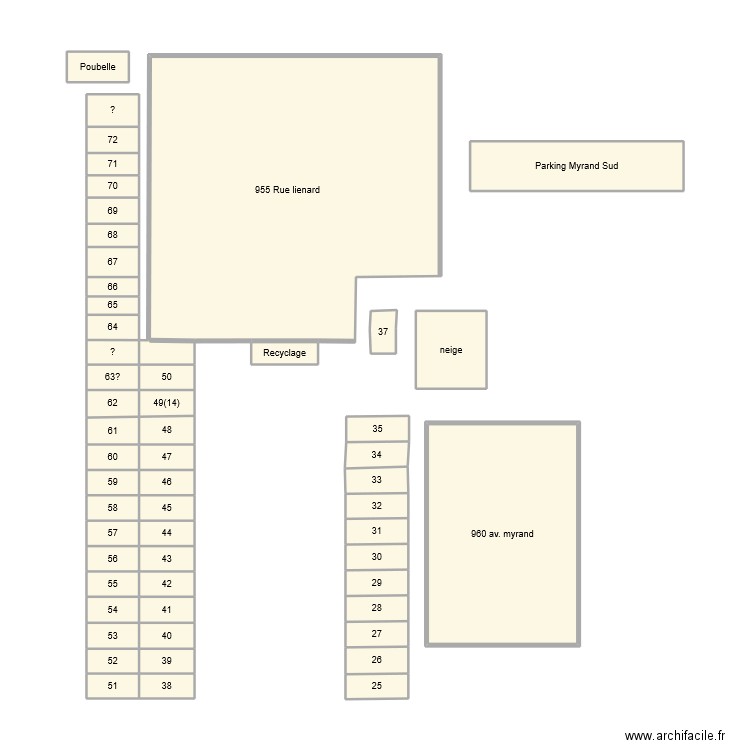 parkings. Plan de 56 pièces et 75 m2