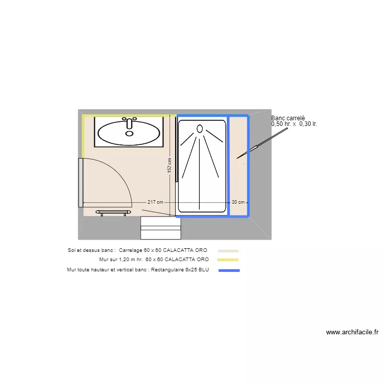 SDB 1 Mittainville avec vasque 1,05 m carrelage. Plan de 