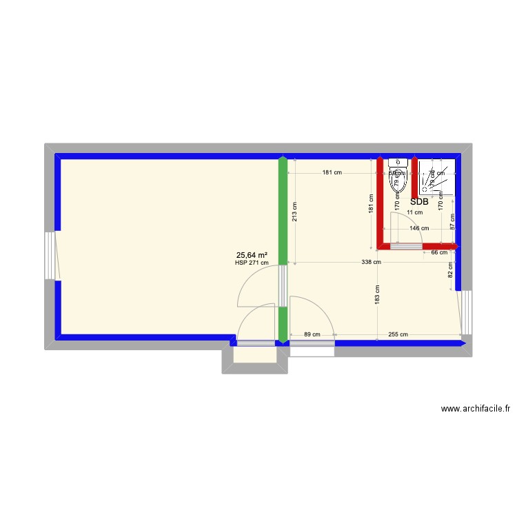 Saint Nazaire Côtes cuisine SDB. Plan de 2 pièces et 28 m2