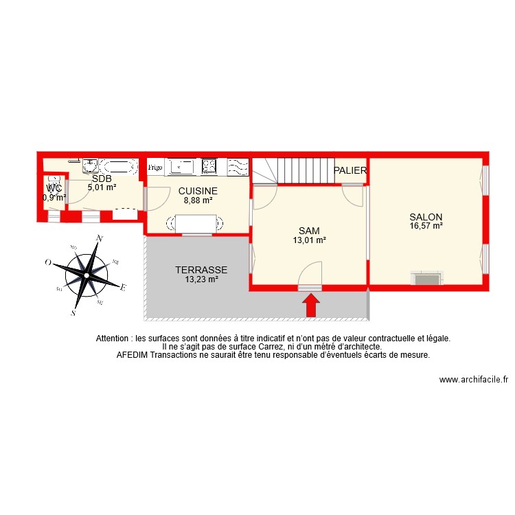 BI 7521 RDC. Plan de 8 pièces et 61 m2