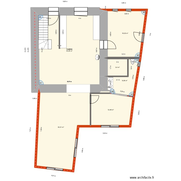 Calepinage chauffage RdC. Plan de 6 pièces et 114 m2