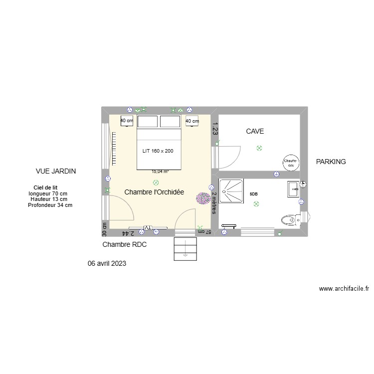 chambre rdc Violette. Plan de 1 pièce et 15 m2