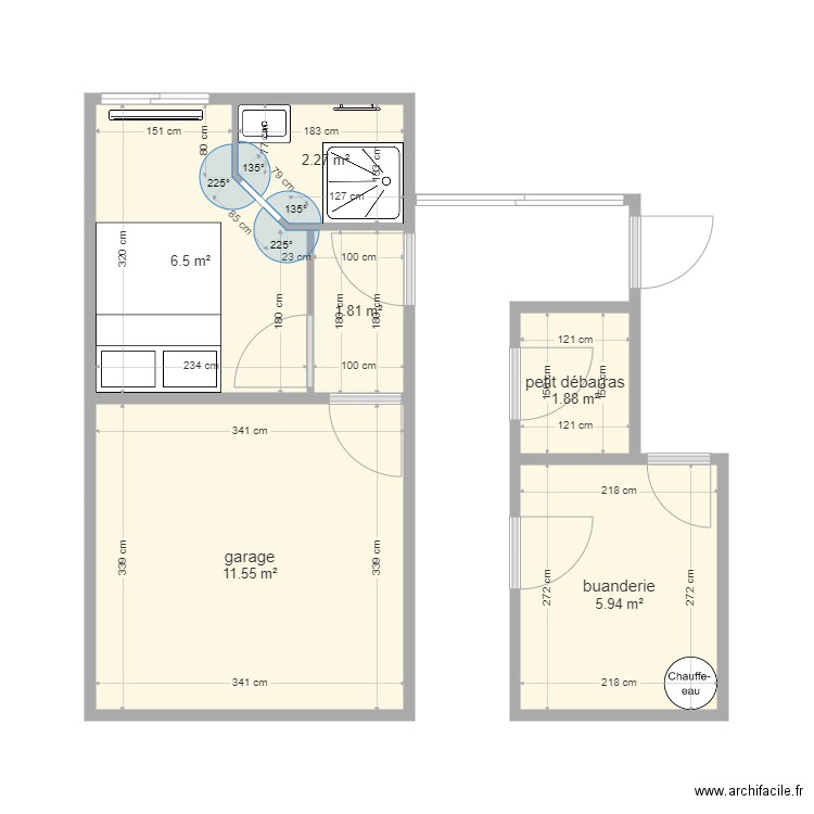 Chambre garage . Plan de 6 pièces et 30 m2