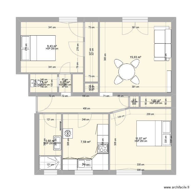 5 Voile 2 Projet. Plan de 13 pièces et 58 m2