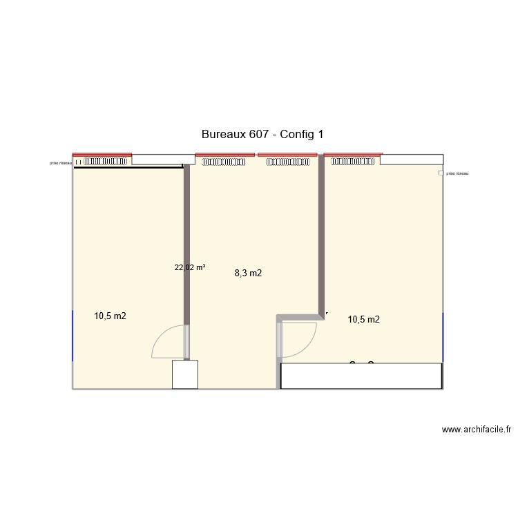 Bureaux 607 config 1 vide. Plan de 2 pièces et 34 m2