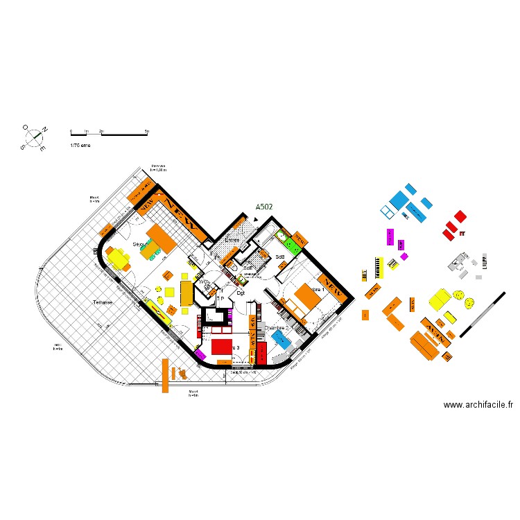 FINAL plan indice 22 sans galandage canapé face terrasse Armoire CELIO 240 in Ch 4  et Pantalonniere in Ch 3 Piano out. Plan de 0 pièce et 0 m2