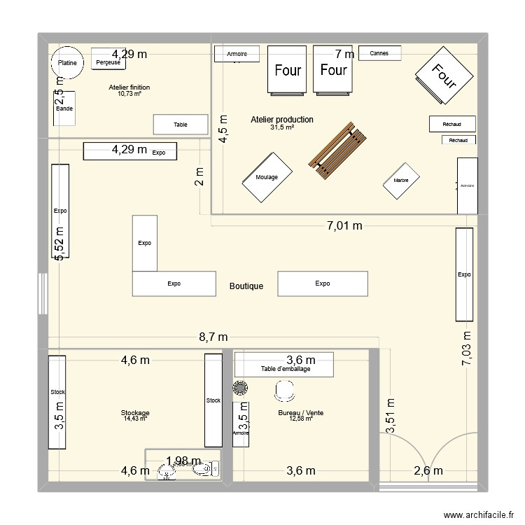Répartition atelier. Plan de 6 pièces et 130 m2