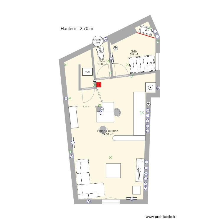 2ème étage meublé nouveau compteur. Plan de 0 pièce et 0 m2