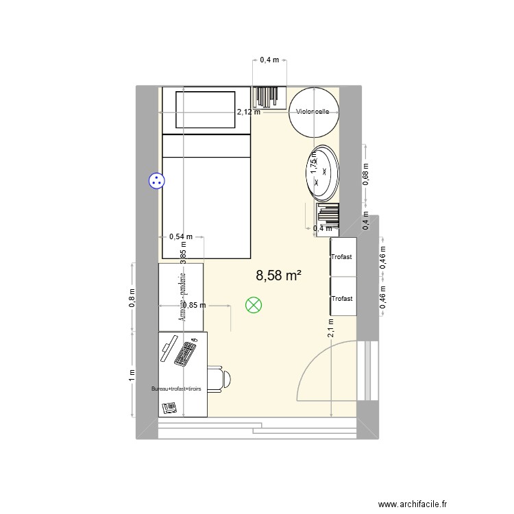 Chambre Minus 3. Plan de 1 pièce et 9 m2