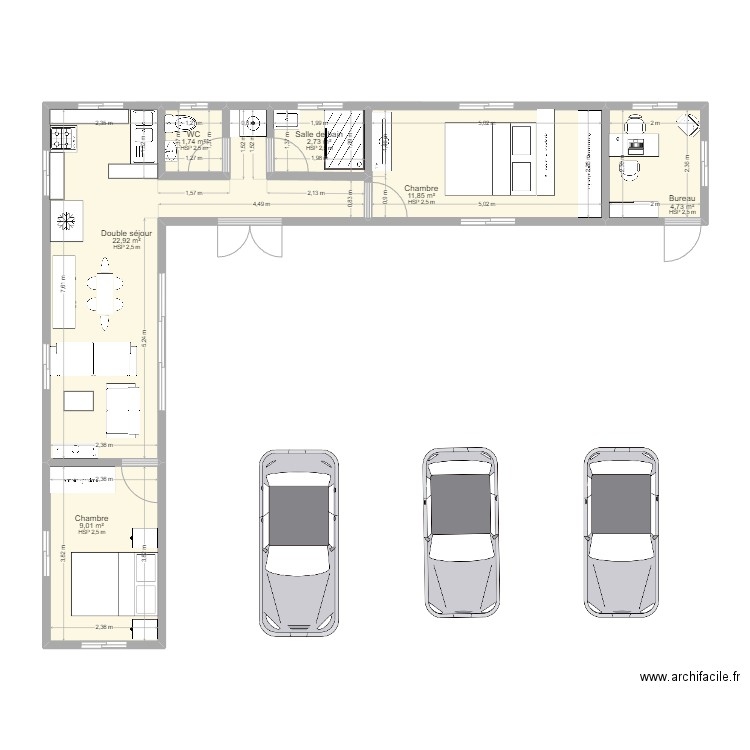 plan maison 2 conteneurs en L. Plan de 6 pièces et 53 m2
