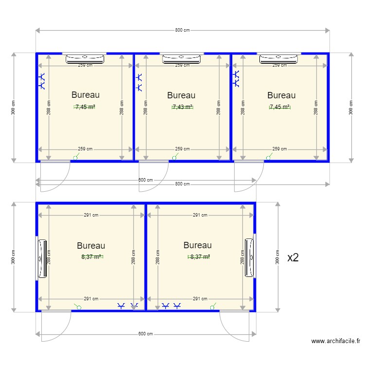 SOS Village Bureau. Plan de 5 pièces et 39 m2