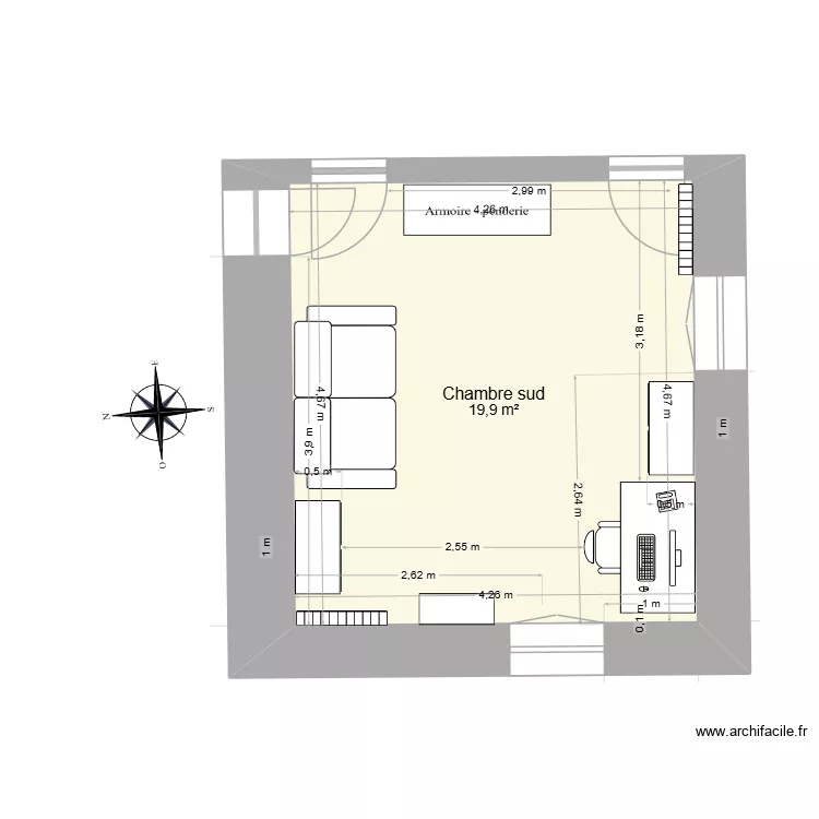 Chambre sud. Plan de 1  et 20 m²