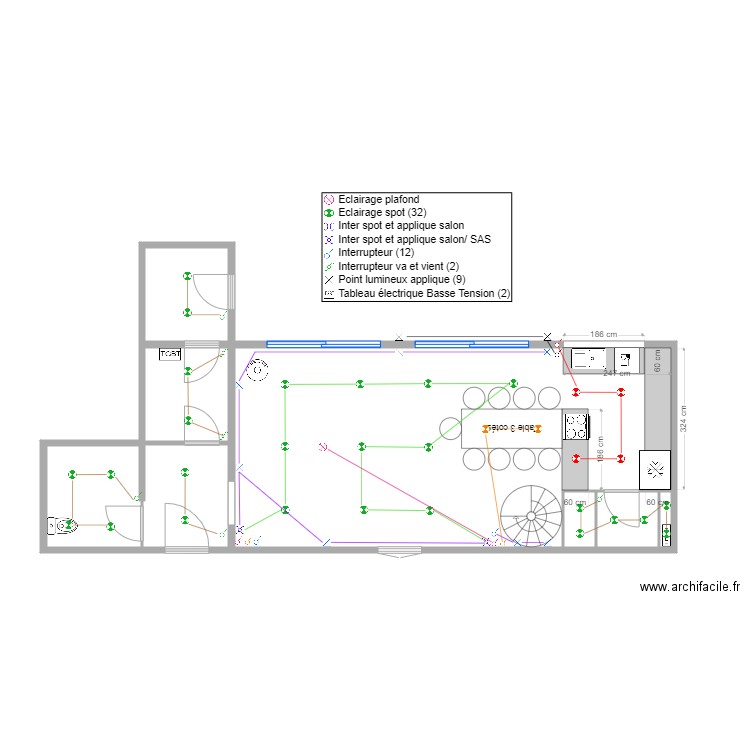 Plan Electrique lumière RDC n2. Plan de 0 pièce et 0 m2