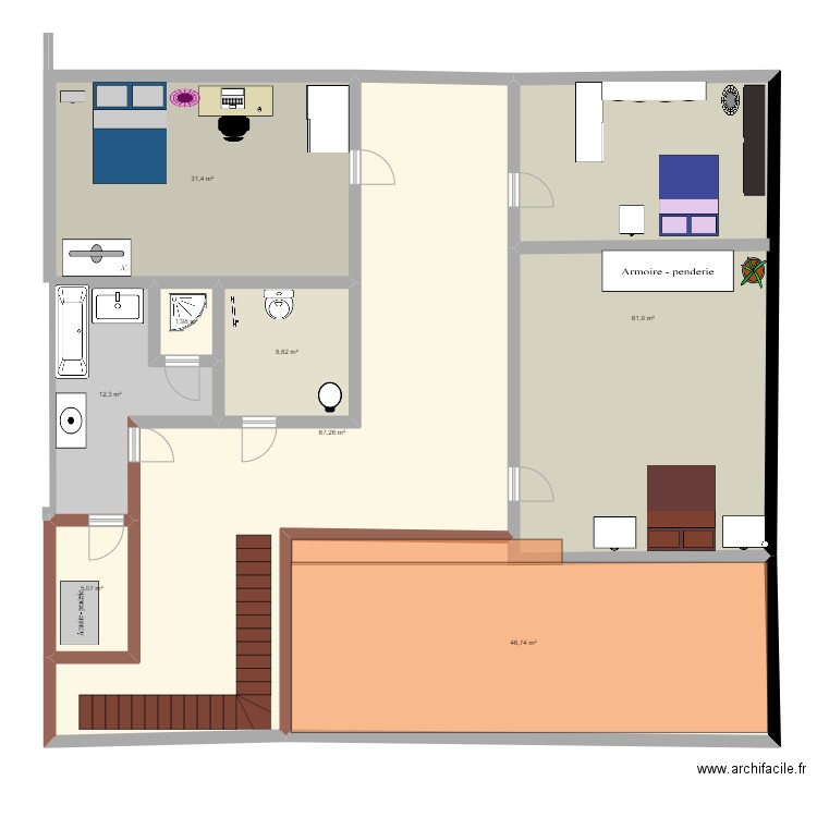 mon étage . Plan de 8 pièces et 235 m2