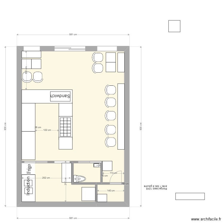 Plan salon Bubble tea verrière & vestiaire cuisine plus grande. Plan de 4 pièces et 40 m2