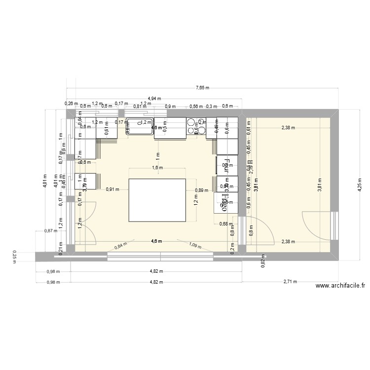 Cuisine . Plan de 2 pièces et 27 m2