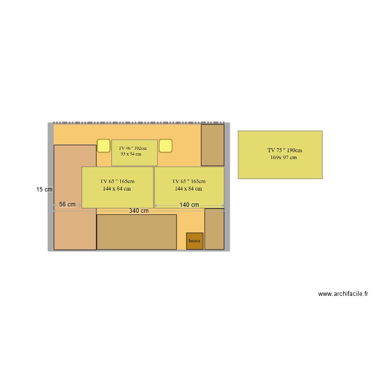 2 écrans  2 x 65  . Plan de 1 pièce et 9 m2