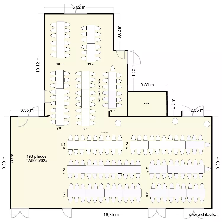 salle de fetes. Plan de 1  et 264 m²